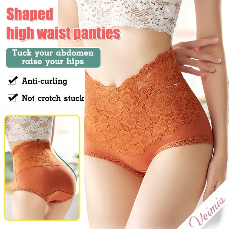 Veimia Women's Highwaist Panties body shaping Buttock Lifting lace Underpants Feamale Antibacterial Cotton Tummy Tuck lingerie