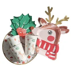 8pcs Christmas Themed Decor Deer Disposable Tableware Cute Elk Paper Napkin Milk Juice Cup Merry Xmas Kids New Year Party Supply