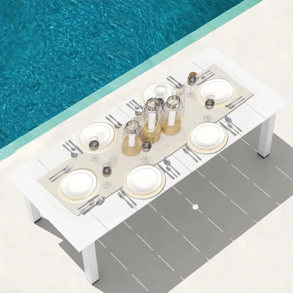 75.2 HDPE Outdoor Dining Table with 8 Seats and 2 Umbrella Hole, White