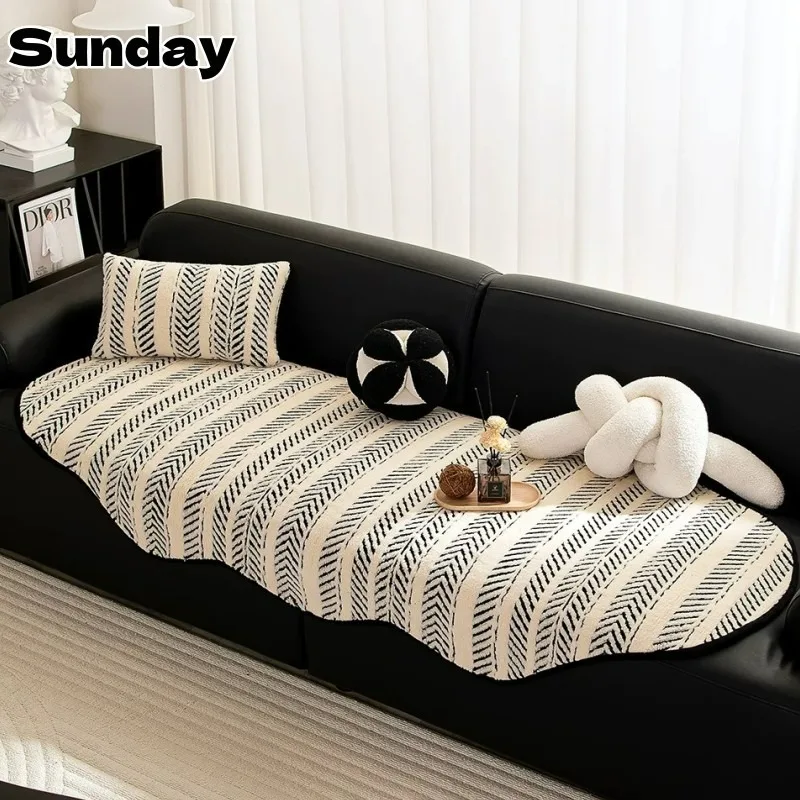 

Irregular Plush Couch Covers for Sofa Living Room Decor Autumn Winter Luxury Anti Slip Soft Seat Cushion Retro Striped Slipcover