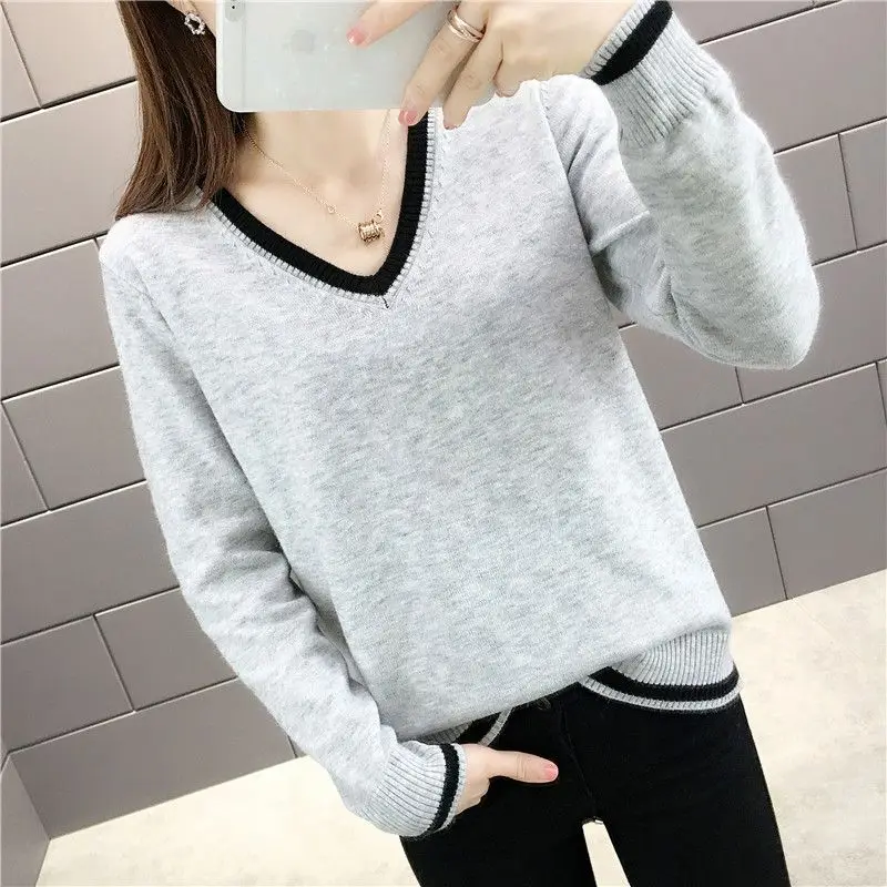 

Fashion V-Neck Spliced Casual Knitted Sweater Female Clothing 2023 Autumn Winter New Oversized All-match Pullovers Korean Tops