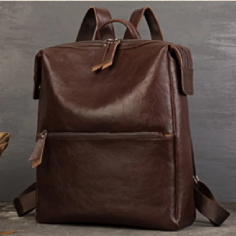 Genuine Leather Pure Color Large Capacity Backpack Unisex Functional Dual Zipper Daily Travel Bag Anti-Theft Lap Top Schoolbag