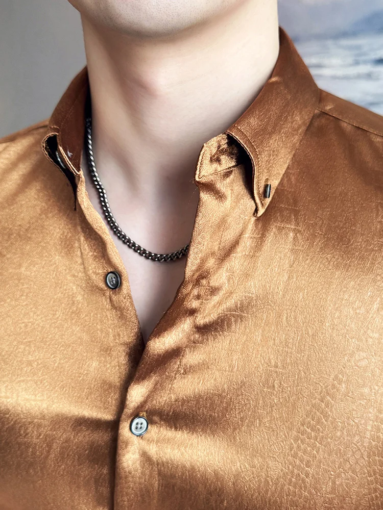 Imitation Acetic Acid Fabric Crocodile Pattern Flower Shirt Fashion Retro Men's Slim Fit Long Sleeve Shirt Social Party Clothing