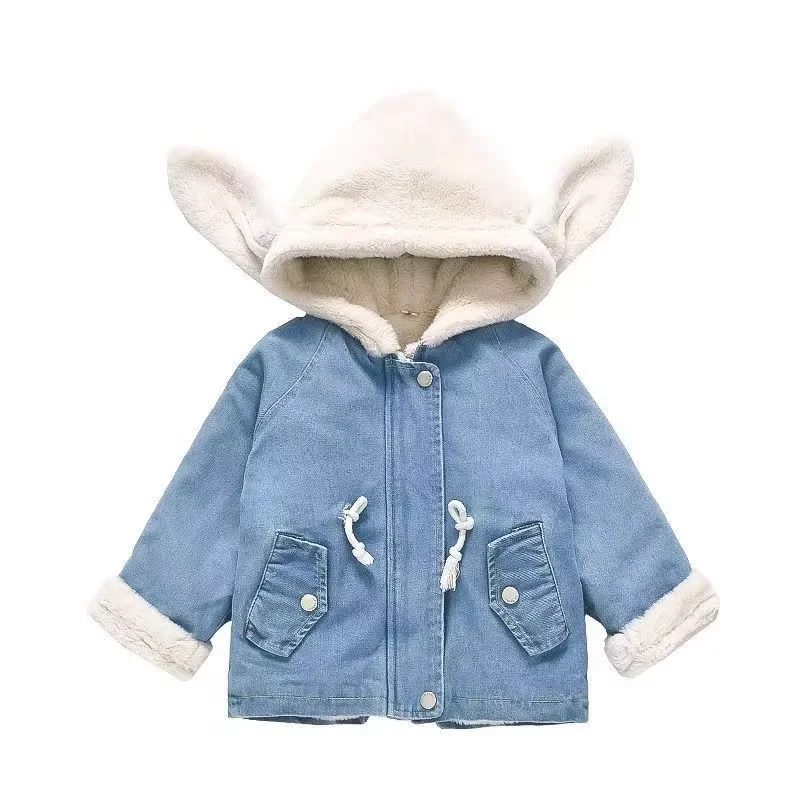 Girls Autumn Winter Denim Jackets 2026 New Fashion Kids Rabbit Ear Faux Fur Lined Thick Warm Coat Children Clothing 80-130CM