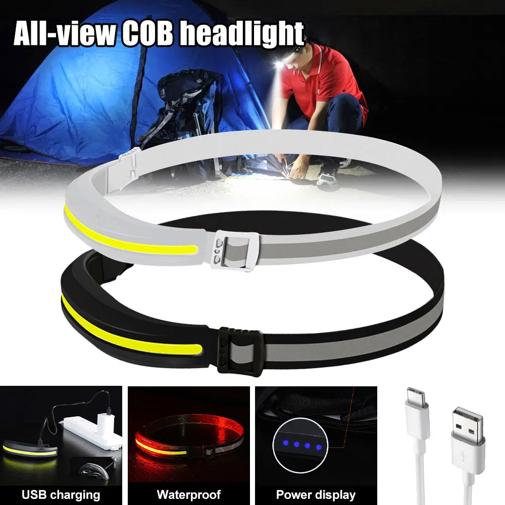 Waterprood All-view COB Headlamp USB Charging 4 Modes Head Torch Intelligent Power Display Headlight with Reflective Strip