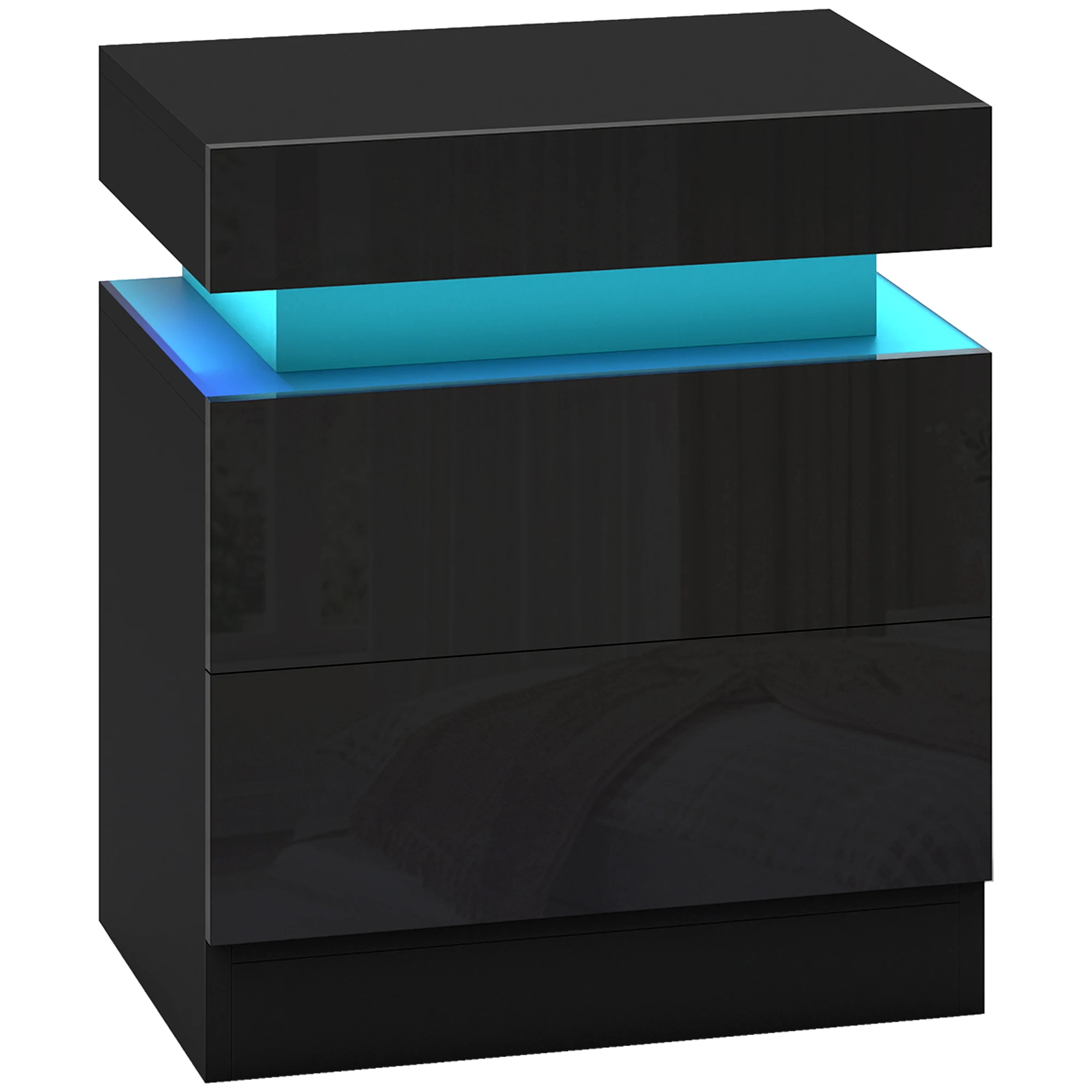 Comodino HOMCOM con luce LED RGB, finitura lucida, 2 cassetti, per soggiorno e camera da letto, nero