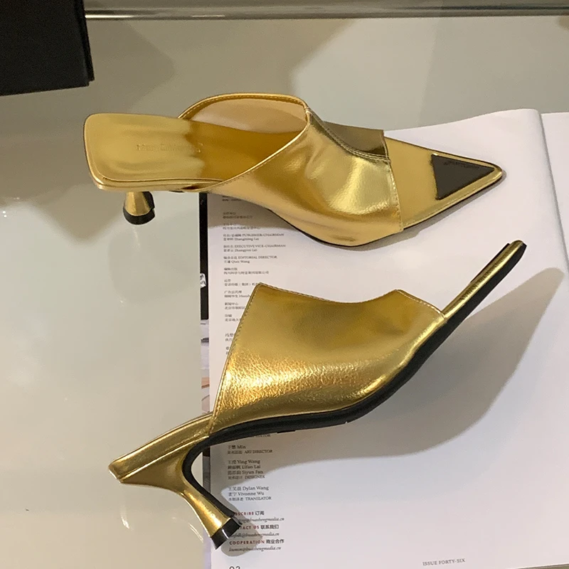 Slides Heels New In Women Pumps Shoes Footwear Shallow Female 2023 Fashion Pointed Toe Metal Ladies High Heels Sandals Shoes