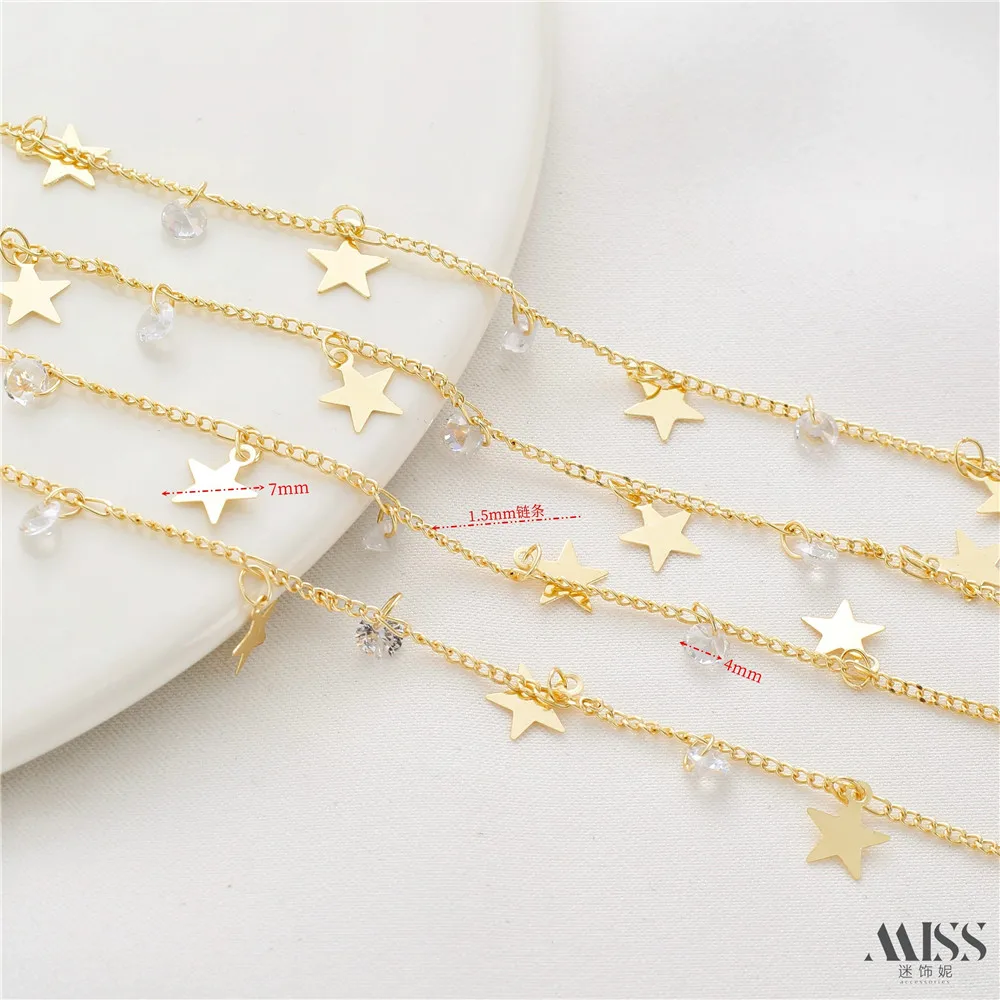 14K Gold-wrapped Pentagram Zircon Crystal Handmade Chain DIY Loose Chain Bracelet Necklace Jewelry Accessories