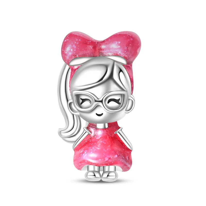 Stylish 925 Sterling Silver Princess Pink Ponytail Girl Charms Bead Fit Original Bracelet DIY Women Wedding Jewelry Gift