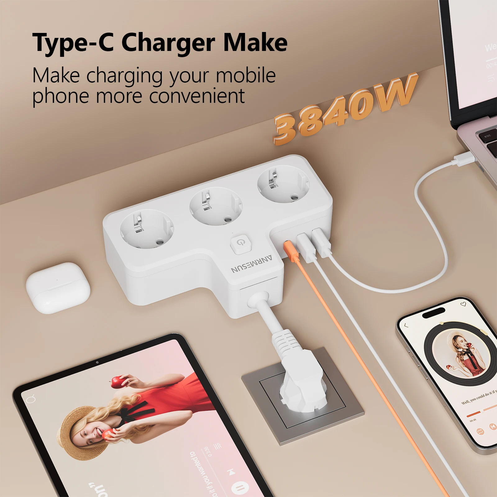 EU Plug Power Strip With 3 Outlets And 2 USB A 1Type C Ports Extension Electrical Socket 0.5M Cable Surge Protector For Travel