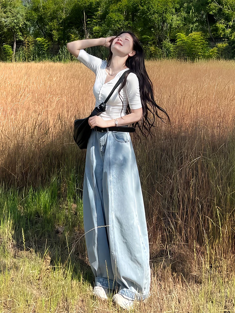 

Мужские джинсы American Sle с высокой талией, осенний дизайн, с эффектом сращивания, свободные, широкие, слегка расклешенные брюки-карго