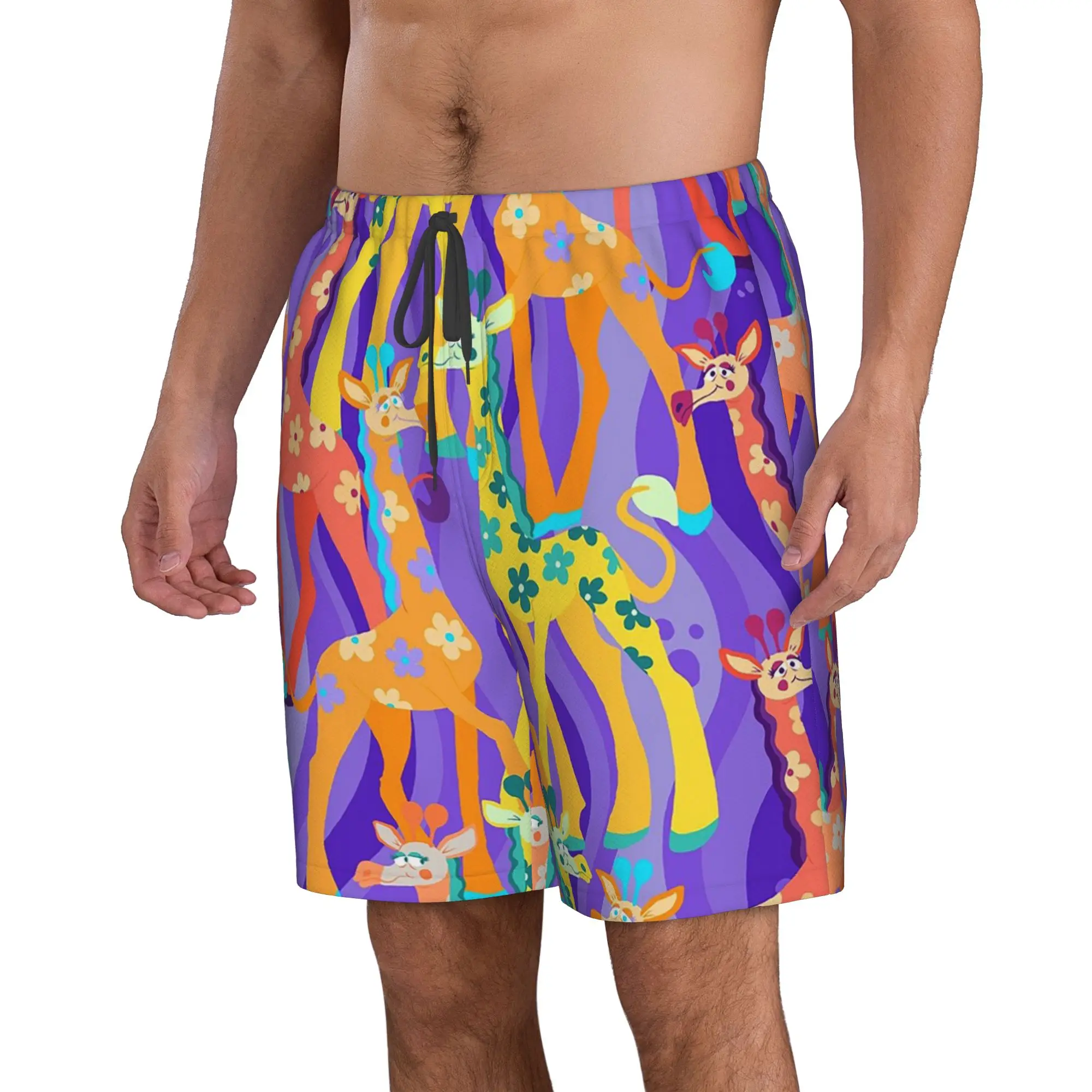 Cartoon Colorful Giraffe Pattern Trunks Beach Board Shorts Casual Quick Dry Swim Summer Men Pants