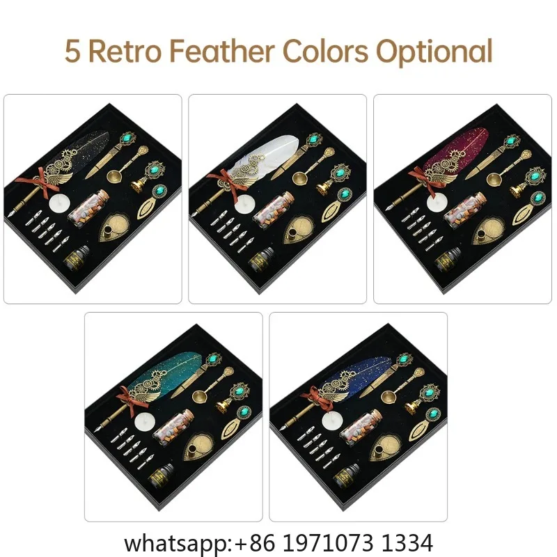 Vintage Feather Pen and Ink Set Fancy Metal Quill Pen with Gear Decorative with Pen Stand Base/10ml Ink/ Wax Beads/Nibs for Kids