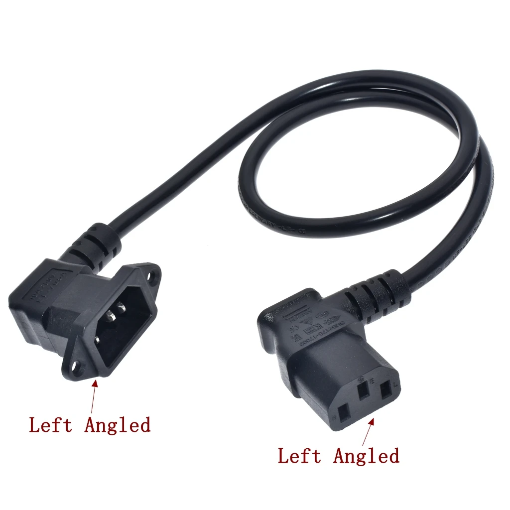 Cable de extensión IEC320 C14 a C13, C14 con orificios para tornillos en ángulo izquierdo y C13 corto, 60 cm de longitud, H05VV-F 3G 0,75 MM