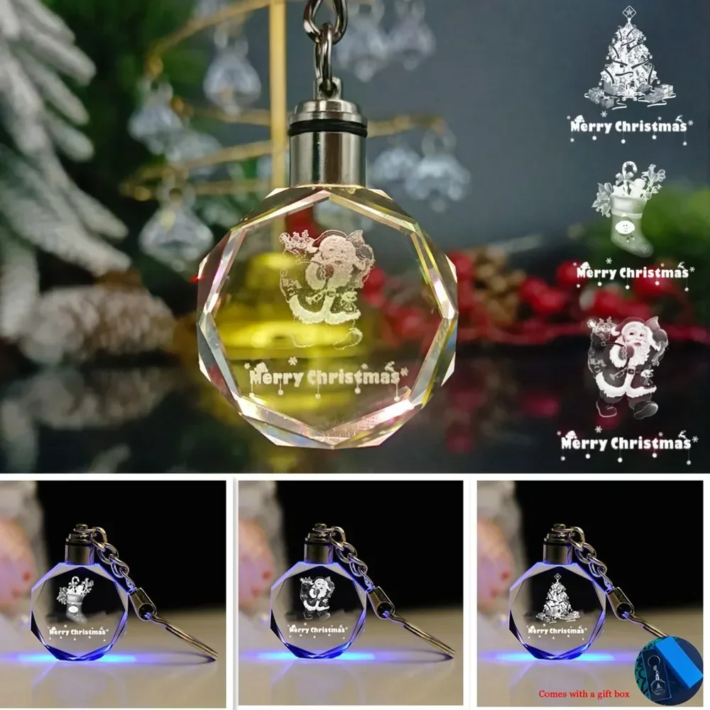 Christmas Decorations Keychain LED 7color Crystal Car Key Chain Motorcycle Keyring Santa Claus Christmas Socks Couple Souvenirs