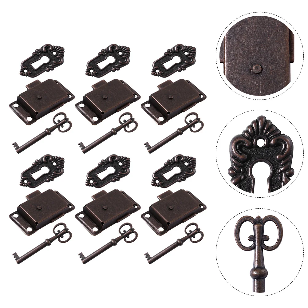 

6 Sets Red Bronze Lock Drawer Buckle Dressing Table Metal Locks Furniture Cabinet Iron Decorative Vintage with Key