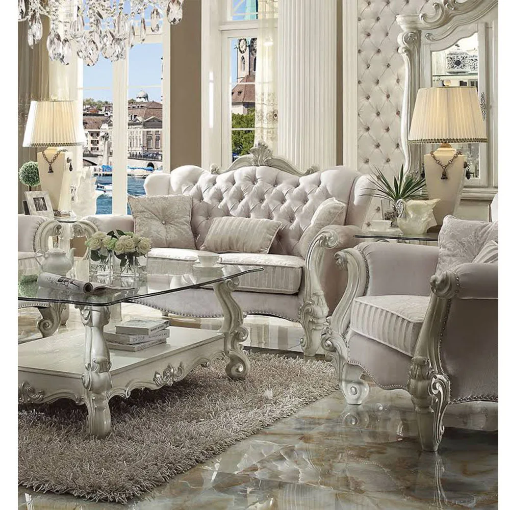 Versailles Loveseat W/3 Pillows in Ivory Velvet & Bone White Modern Luxury European Style Hand Carved Solid Wood Sofa Set With