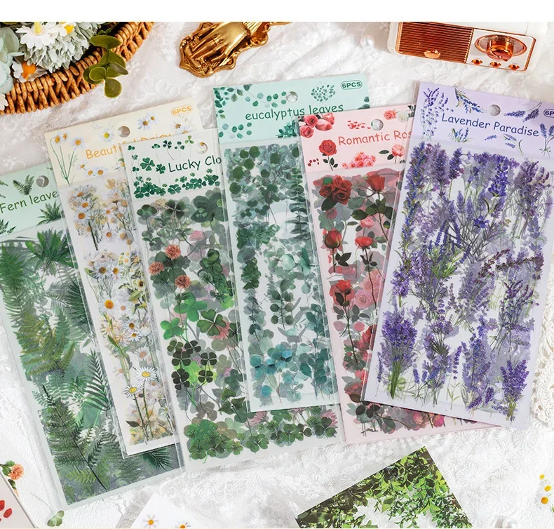 6 Sheets/pack PET Die-cut Sticker Retro Plants Flowers Ferns Clovers Lavenders DIY Scrapbook Junk Journal Collage Materials