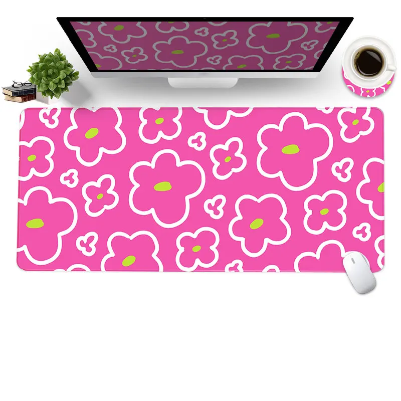 Pink Flower Gaming Mouse Pad 80X30CM Cute Flowers Mousepad Non-Slip Rubber Base Stitched Edge Keyboard Desk Mat for Computer