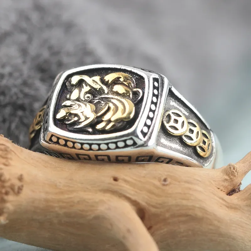 Retro Copper Coin Pixiu Ring Men Trendy Cold Style Imitation Thai Silver Wide Face Index Finger Ring Fashionable Versatile