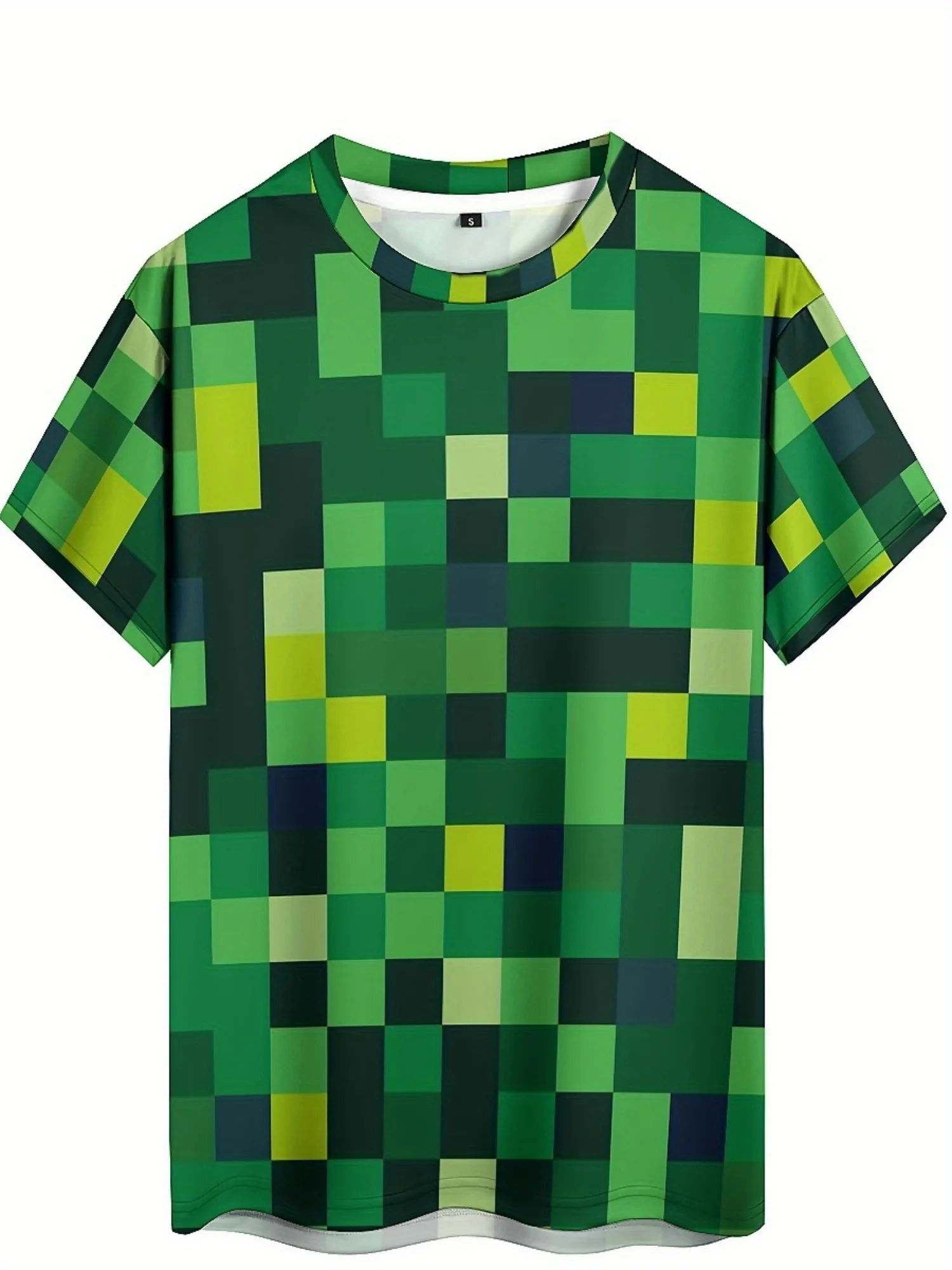 Men'S 3D Pixelated Print Short Sleeve T-Shirt - Green & Black Geometric Design, Soft Polyester Fabric, Casual Crew Neck