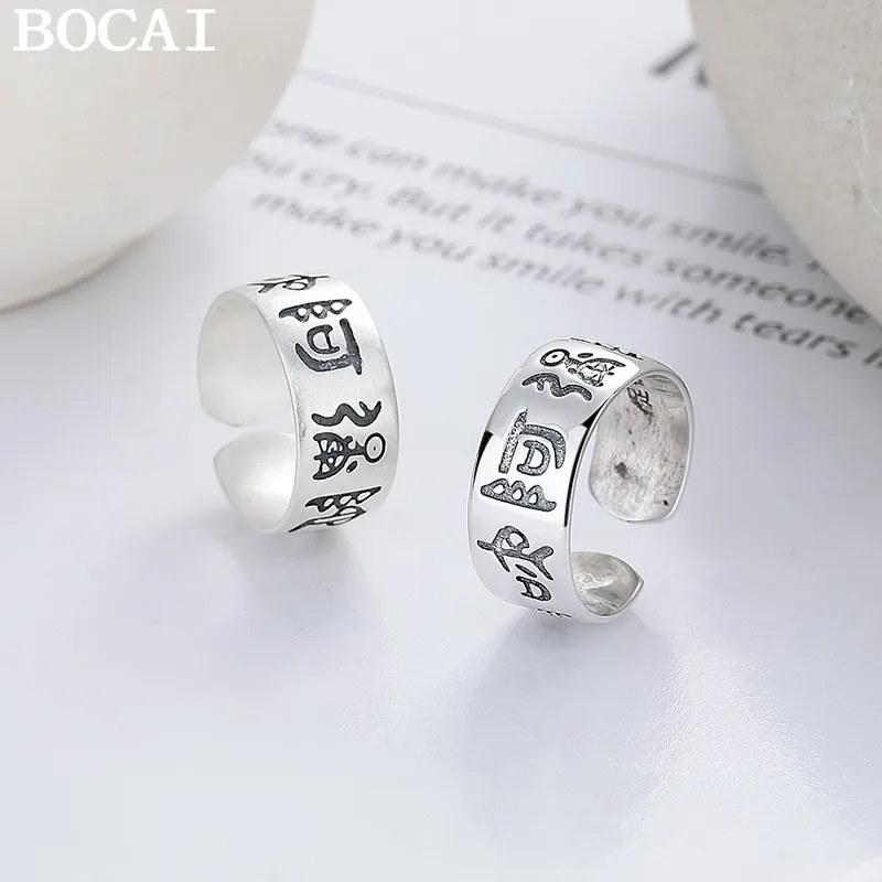 

BOCAI NEW S999 Pure Silver Ancient Style Creativity Buddhist Text Amitabha Buddha Scripture Open Ring