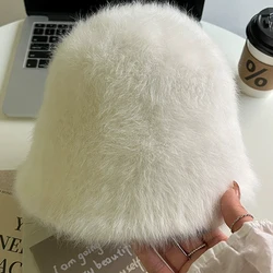 Korean Rabbit Fur Knitted Bucket Plush Hat Women Outdoor Soft Autumn Winter Winter Bucket Hat Hairy Hats Plush Fisherman Caps