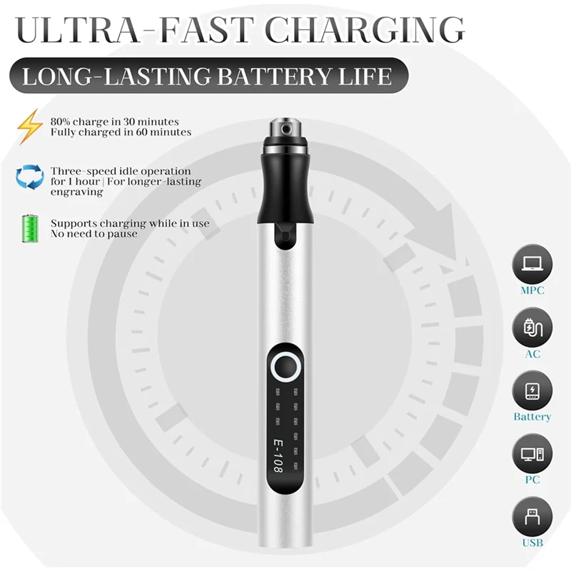 Penna per incisione elettrica A43T con ricarica USB-C, impostazioni a 3 velocità, protezione da sovraccarico, per legno, metallo, vetro, per principianti