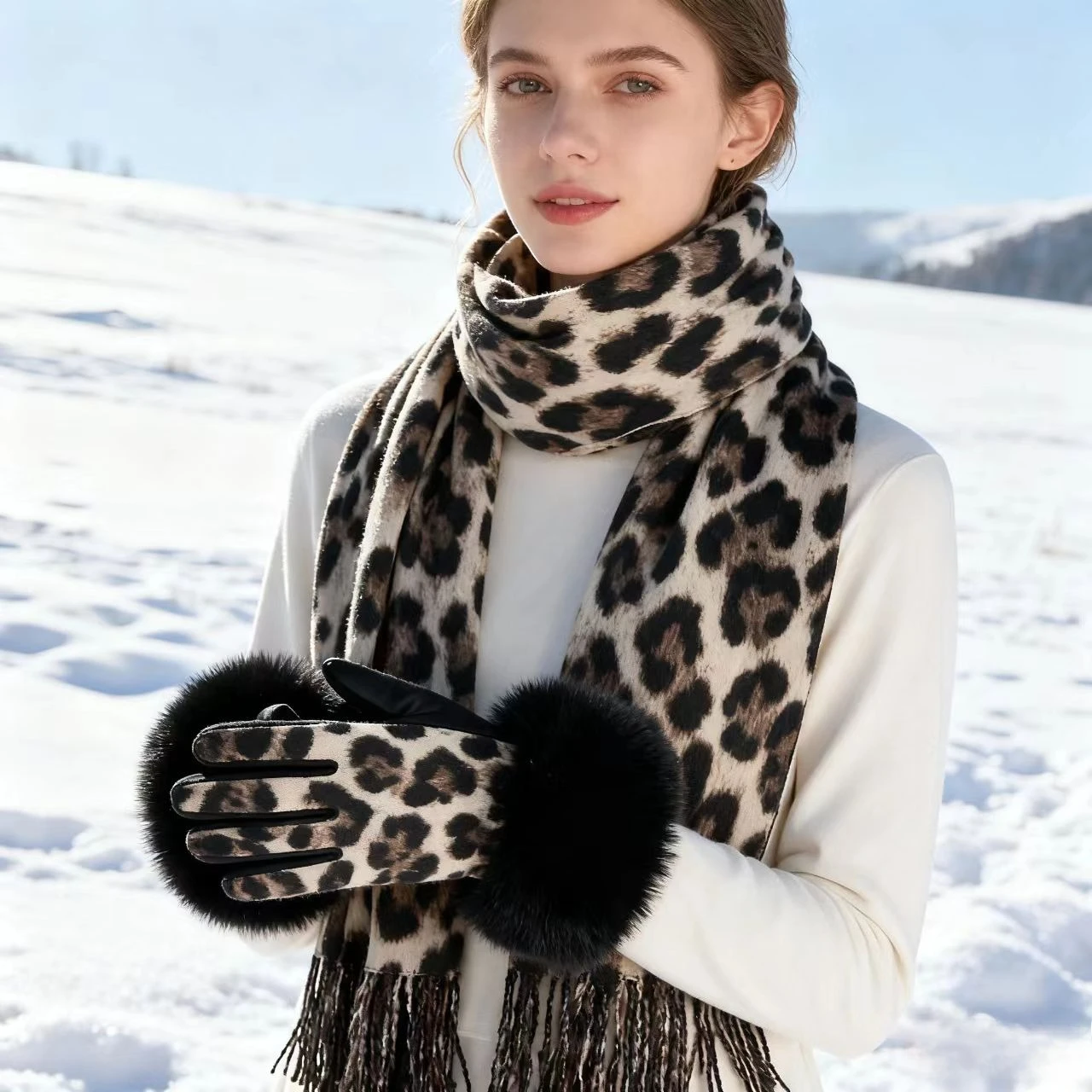 مجموعة وشاح وقفازات عصرية بطبعة الفهد مكونة من قطعتين مجموعة شتوية دافئة لزوج إكسسوارات أنيقة للطقس البارد