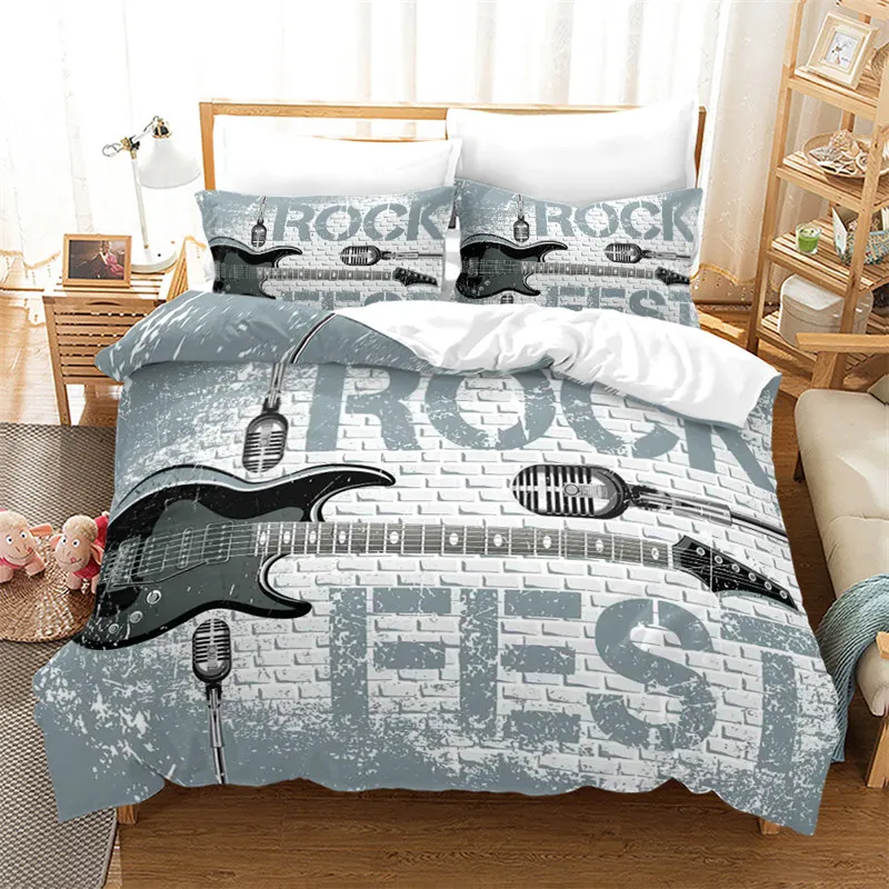 

Guitar Queen Duvet Cover Rock Music Theme Bedding Set Grunge Color Splashed Brick Wall Background Electronic Guitar Mics Design