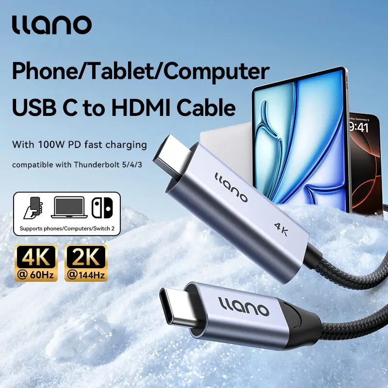 llano USB C to HDMI Cable with 100W PD Charging, 4K@60Hz 2-in-1 Unidirectional Adapter Thunderbolt 5/4/3 Compatible, for MacBook