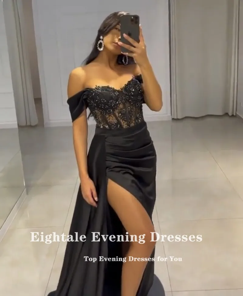 Eightale Vintage Prom Dresses Satin Black Off the Shoulder Beaded Evening Gown Wedding Arabic Customized Party robe de soirée