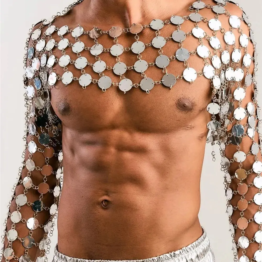 

Европейский и американский сексуальный мужской топ с металлическими блестками и вырезом, топ с длинными рукавами, легкий костюм для вечеринки в ночном клубе с блестками