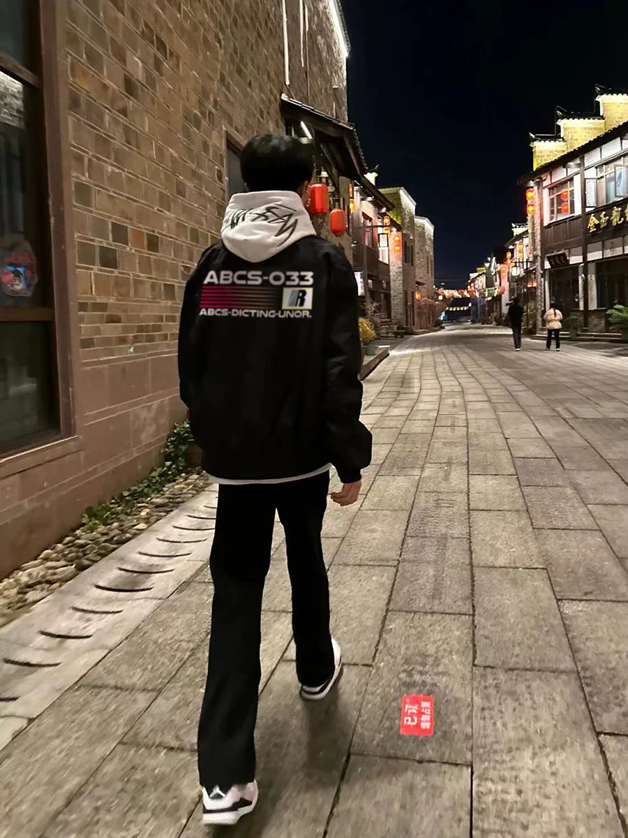 

Loose Men's Bla Pilot Jaet American Sle Baseball Outerwear Autumn Winter Faionable Casual Loose Fit Coat for Men