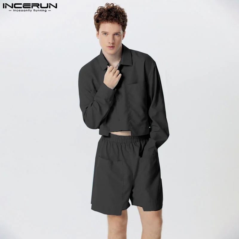 INCERUN Men Sets Solid Color Lapel Long Sleeve Shirt & Shorts Two Pieces Sets 2024 Streetwear Fashion Men\'s Casual Suits S-5XL