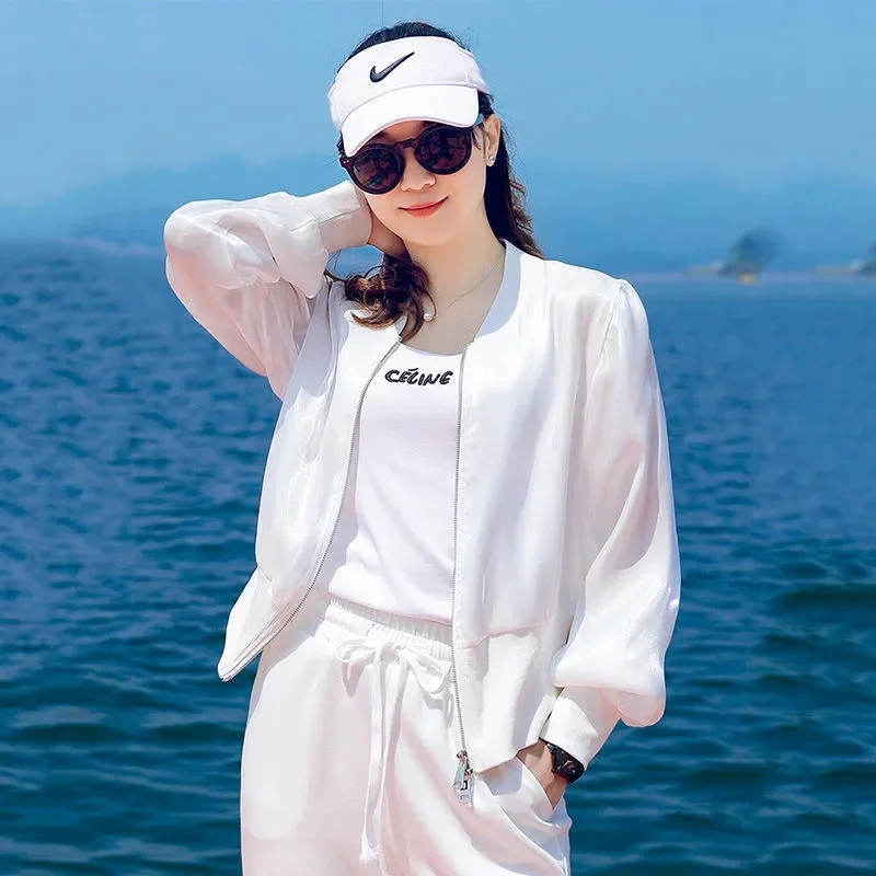 2023 New Lce Silk Sunscreen Coat Women's Summer Thin Fashion Simple Versatile Girdle Knitted Panel Baseball Suit Sunscreen Coat