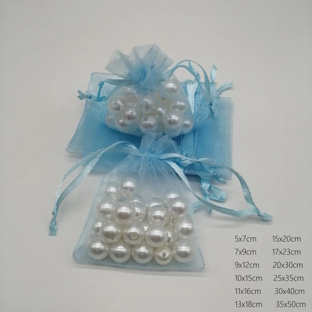 1000pcs/Lot Sky Blue Goodie Wedding Organza Drawstring Gift Bags Sachet Pouch Packaging Birthday Party Favors Christmas Display