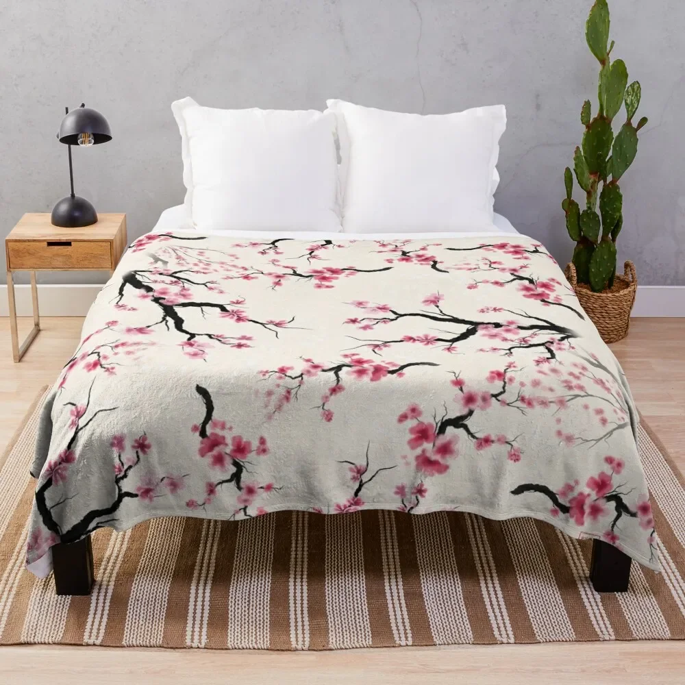 Watercolor sumie hanami sakura cherry blossoms pattern Throw Blanket Sofas Sleeping Bag Extra Large Throw Blankets