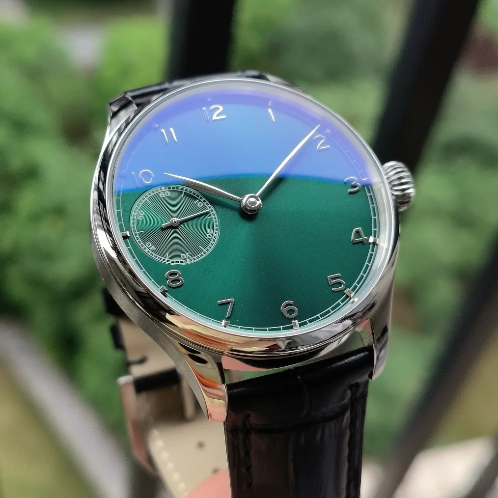 No logo 41mm Mechanical Hand Wind watch green dial Stereo silver number Seagull ST3600 Mineral glass or sapphire crystal