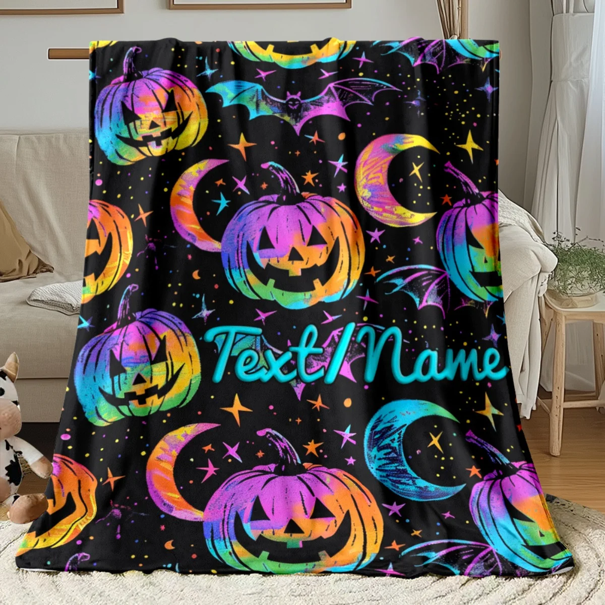 Custom name Halloween vibrant pumpkin flannel blanket, suitable for sofas, beds, Halloween, birthdays, children, gifts.