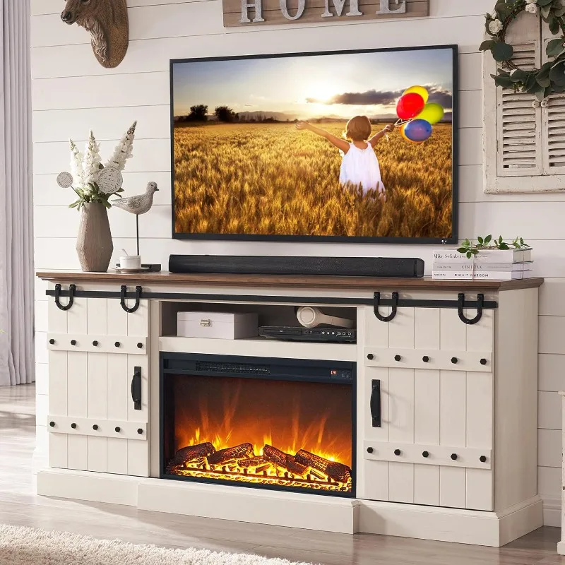 Fireplace TV Stand for 75 80 Inch TV, Farmhouse Entertainment Center with Sliding Barn Doors, Rustic Media Console Table