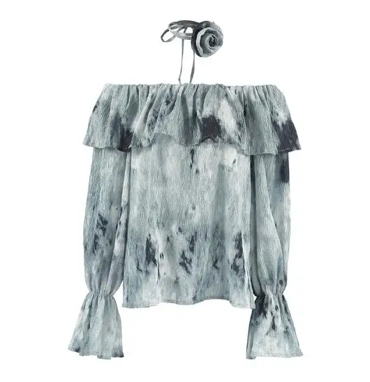

T-Shirt Women's Fashion 2025 Spring and Summer Latest Hot Design Tie Dye One Neck Flared Sleeve Shirt Autumn New Top for Women