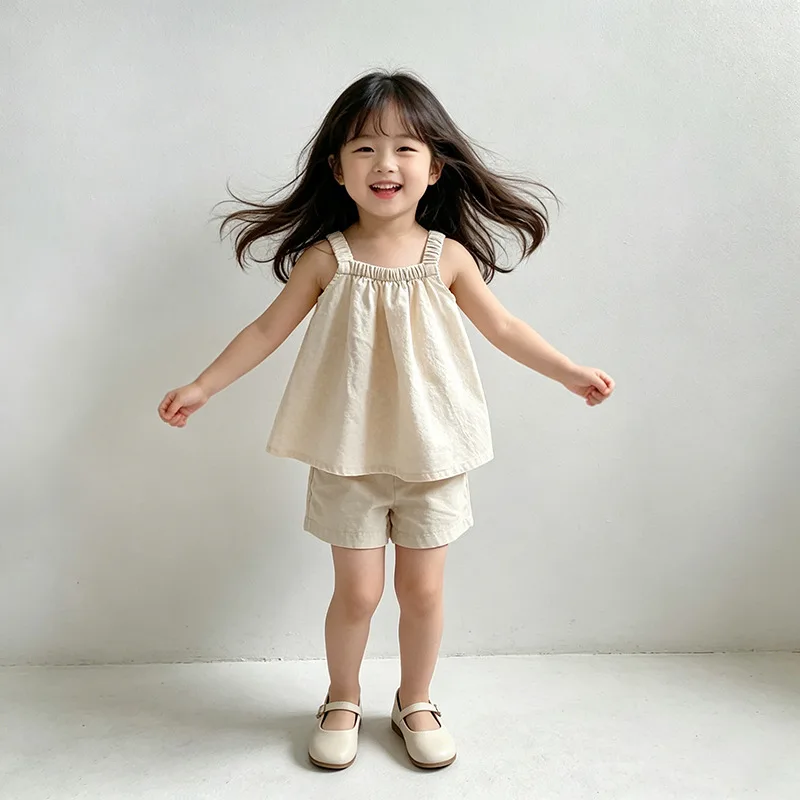 2026 Summer New Children Sleeveless Clothes Set Girls Solid Thin Vest Shirts + Shorts 2pcs Suit Cotton Loose Toddler Outfits