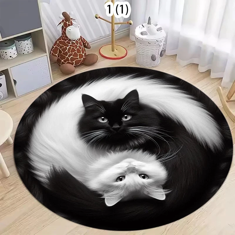 Cute Embracing Double Cat Pattern Round Area Rug Warm Lovely Style Non-Slip Floor Carpet for Living Rooms Home Decor Areas