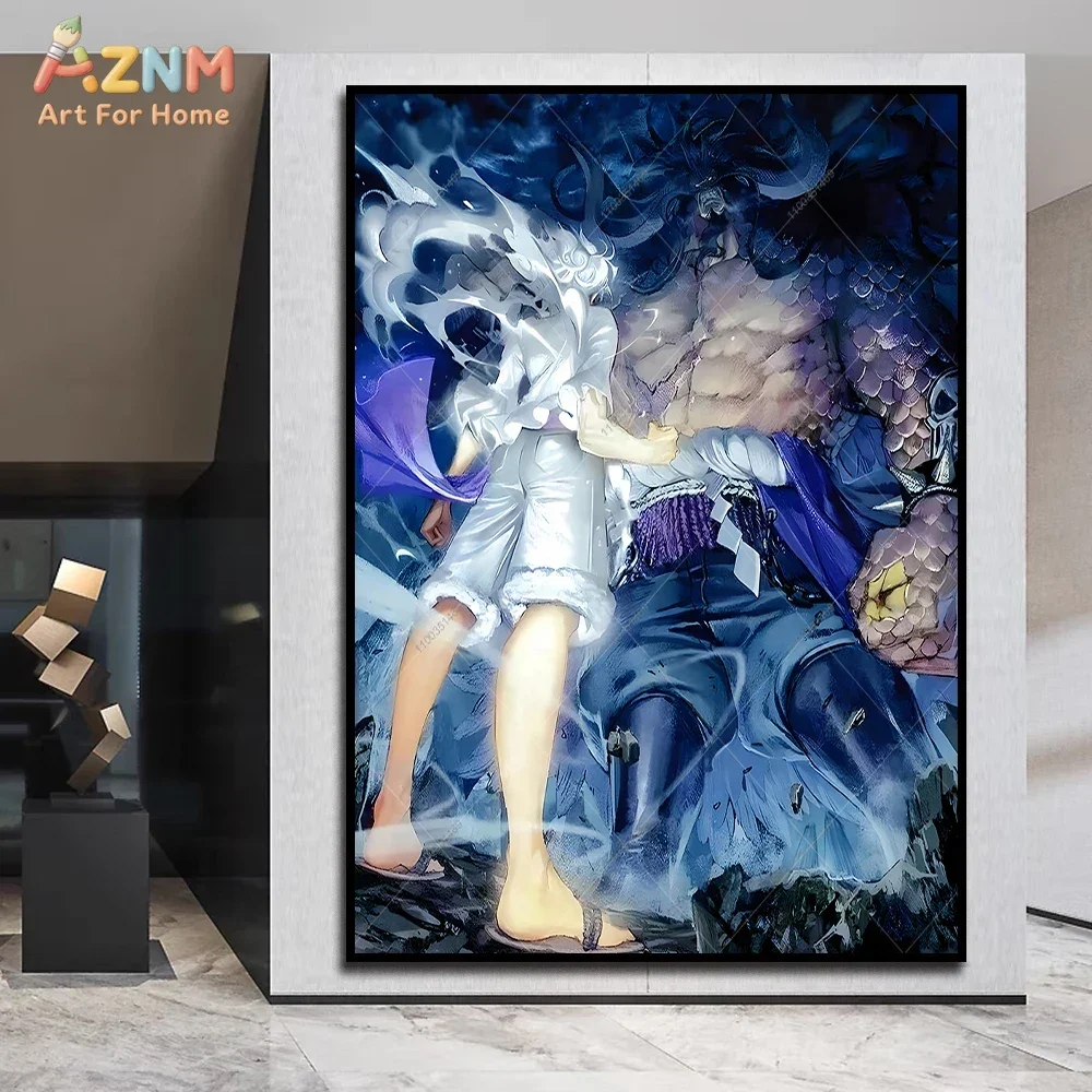 AZNM One Piece Luffy Gear 5 Nika Yonko Kaido Wano Country Battle Anime Frameless Canvas Wall Art, Modern Home Living Room Decor