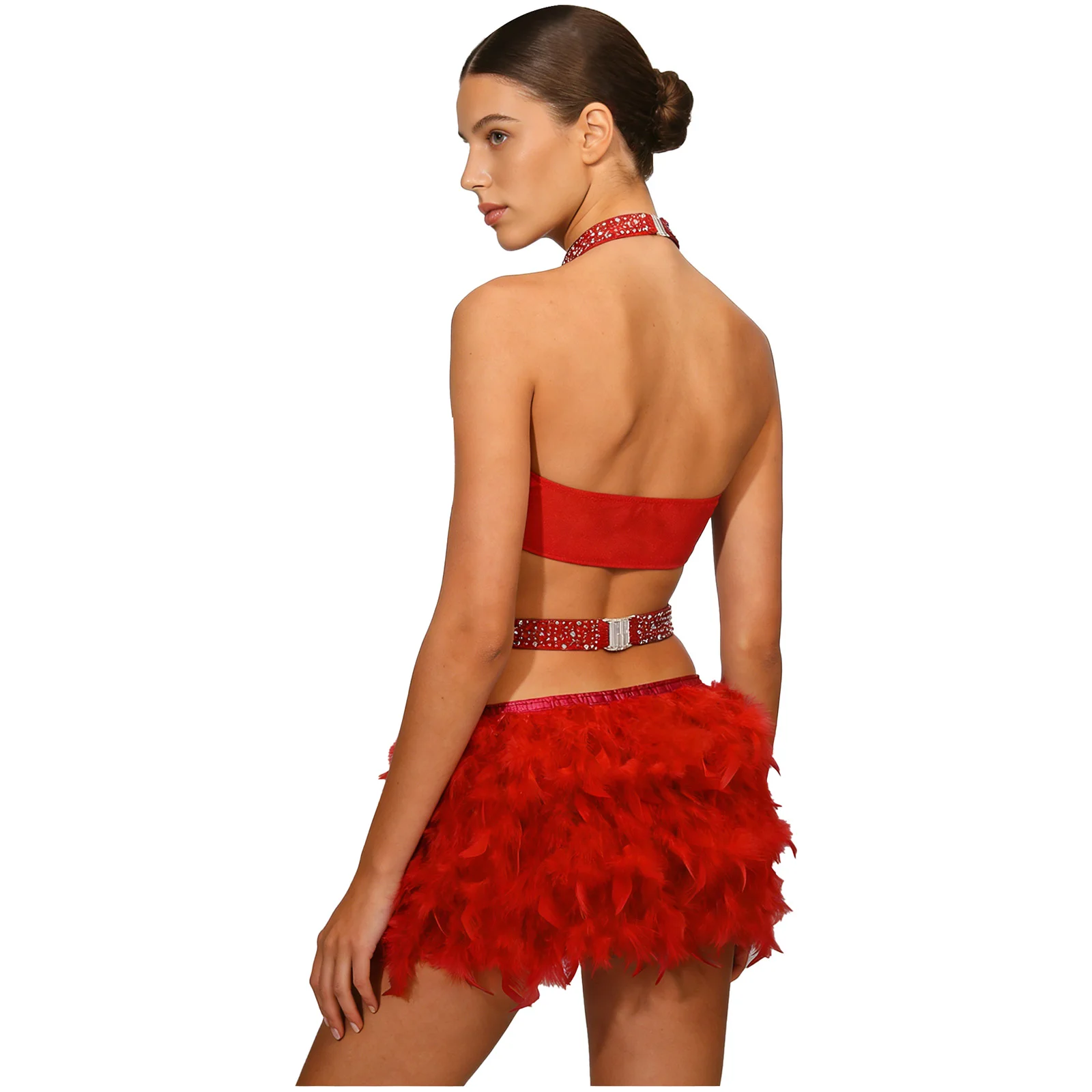 إمرأة لامع حجر الراين اللاتينية رومبا السامبا ملابس رقص الجمباز بذلة الاسبانية زي فو ريشة لهجة الرسن عارية الذراعين ارتداءها #2