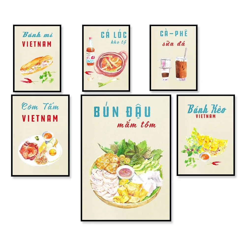 Póster de comida vietnamita, pescado estofado, fideos de tofu con pasta de camarones, fideos, rollitos primaverales, menú de restaurante de cocina asiática