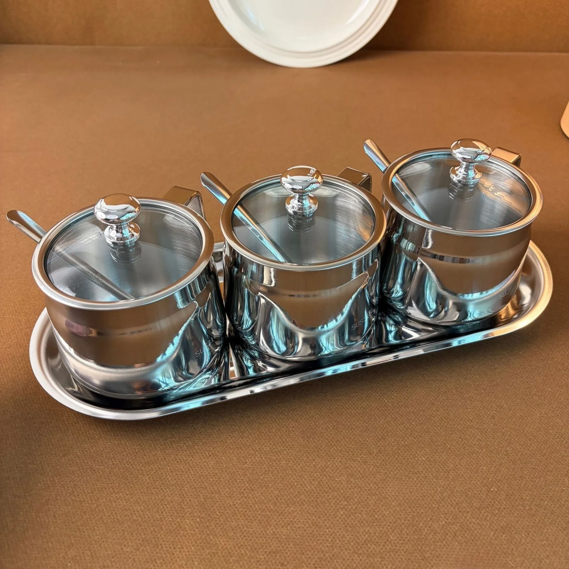 Stainless Steel Spice Jar Set with Lid Spoon & Tray, Kitchen Condiment Container Seasoning Storage Pot Organizer