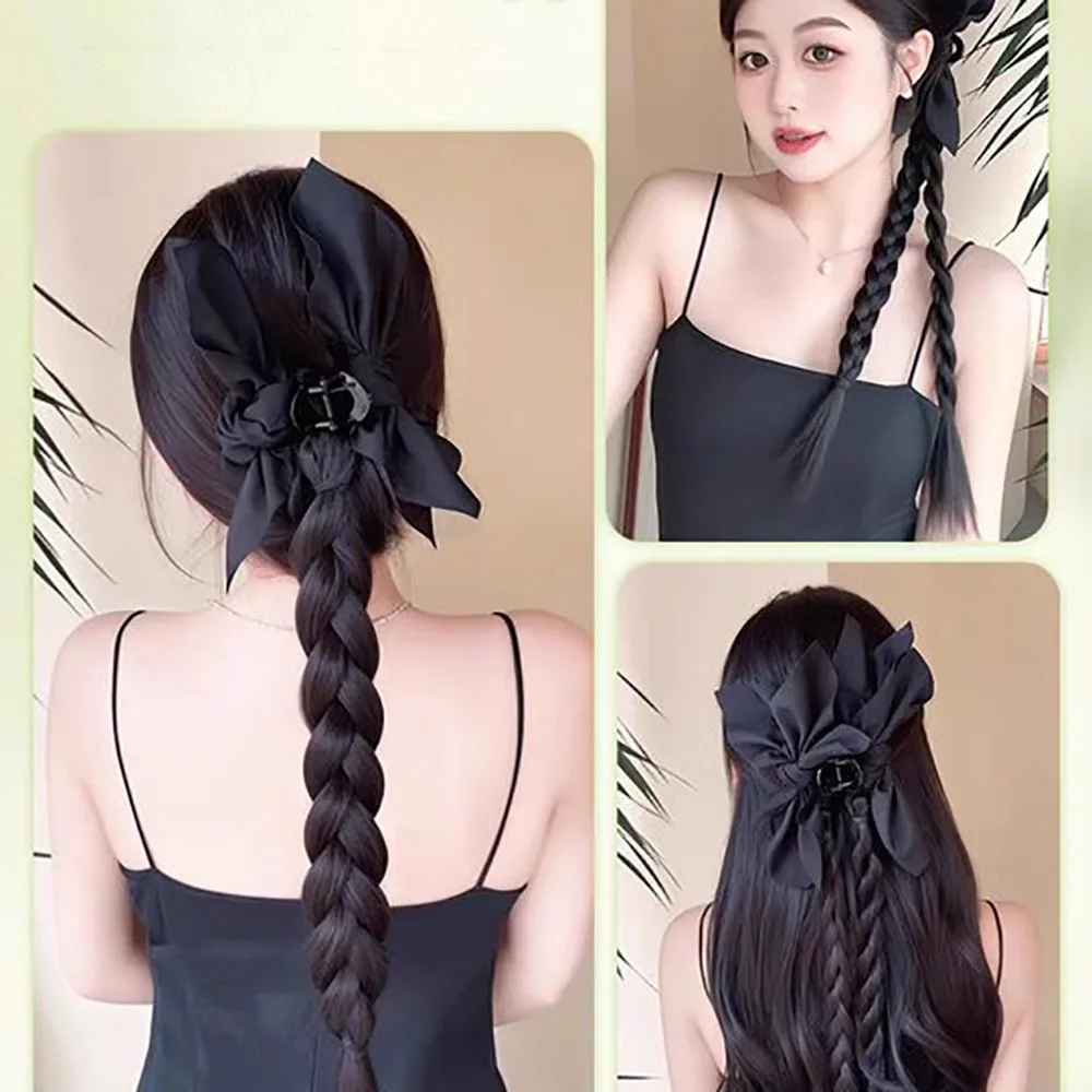 Elegant Women synthetic Black Bowknot Clip Ponytail Wig Natural Simulation DIY Braided Hair Extension