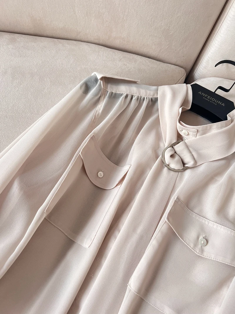 

Ele Casual Loose Lightweight Long Sve irt Удобный воротник-стойка Silken Sa плечевой ремень Нежный цвет Новый...